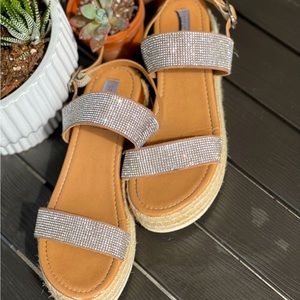 Rhinestone low platform sandals